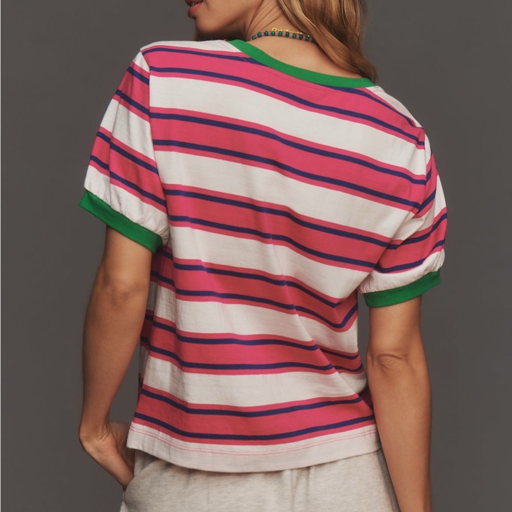 Anthropologie Pink and White Striped Short Sleeve Tee - Picture 3 of 7